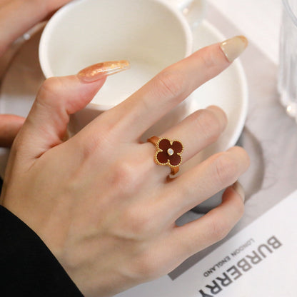 [Glow Muse]BAGUE TRÈFLE CORNALINE DIAMANT OR ROSE