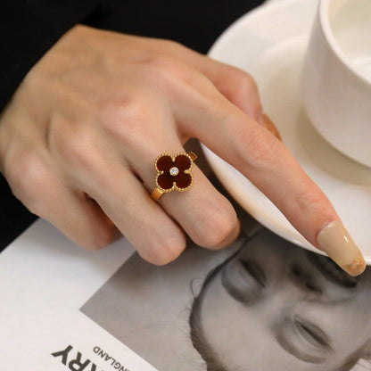 [Glow Muse]BAGUE TRÈFLE CORNALINE DIAMANT OR ROSE