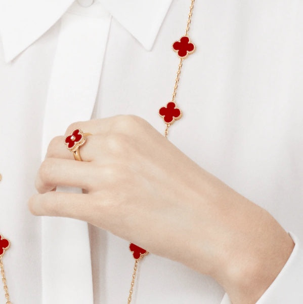 [Glow Muse]BAGUE TRÈFLE CORNALINE DIAMANT OR ROSE
