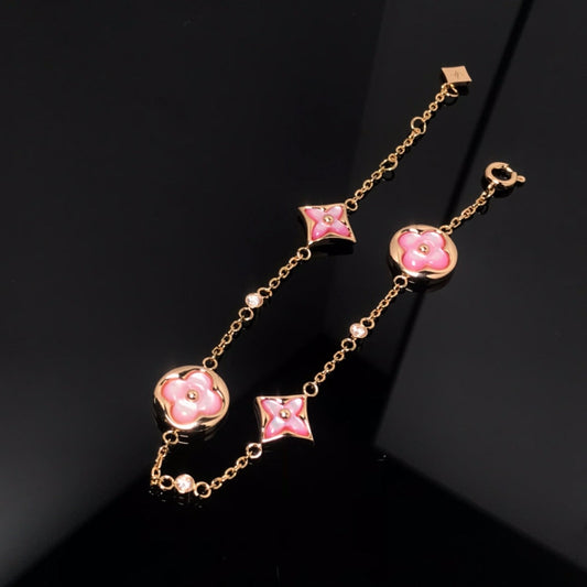 [Glow Muse]BRACELET ÉTOILE ET SOLEIL 4 MOTIFS NACRE ROSE OR ROSE