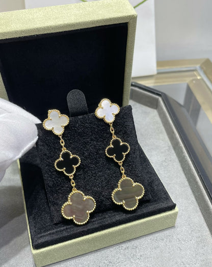 [Glow Muse] BOUCLES D'OREILLES CLOVER 3 MOTIFS NACRE ONYX NACRE FONCÉE OR ROSE