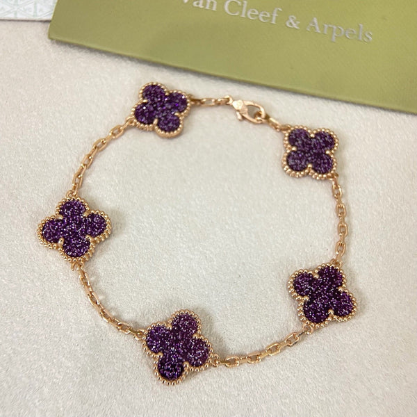 [⭐Glow Muse] NOUVEAU BRACELET 5 FLEURS TRÈFLE À QUATRE FEUILLES EN OR SABLE VIOLET