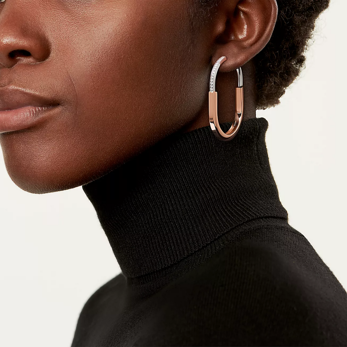 [Glow Muse ]LOCK EARRINGS ROSE AND WHITE GOLD DIAMONDS EXTRA LARGE