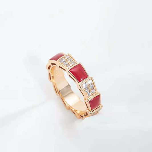 [⭐Glow Muse ]SERPENTI RING PINK GOLD CARNELIAN DIAMOND PAVED 4MM