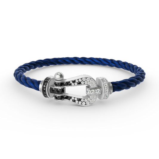 [Glow Muse]BRACELET FER À CHEVAL LARGE FORCE DIAMANT NOIR ET BLANC ARGENT