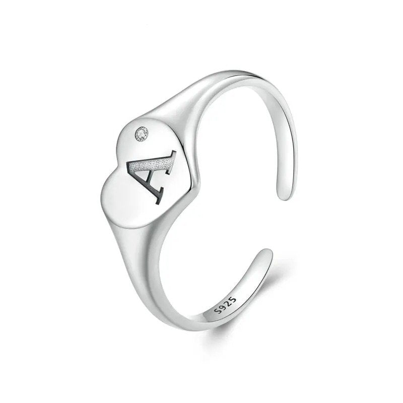 Bague ouverte initiale gravée lettre A en forme de cœur, bagues empilables réglables