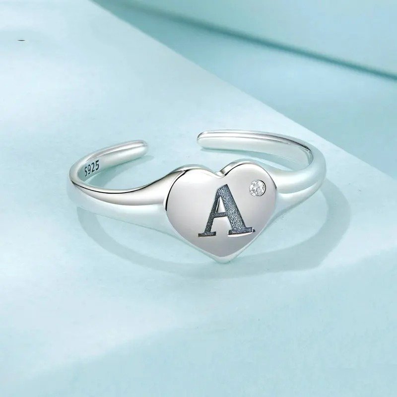 Bague ouverte initiale gravée lettre A en forme de cœur, bagues empilables réglables