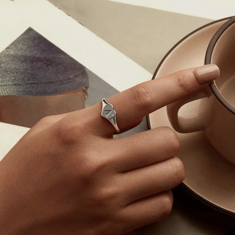 Bague ouverte initiale gravée lettre A en forme de cœur, bagues empilables réglables